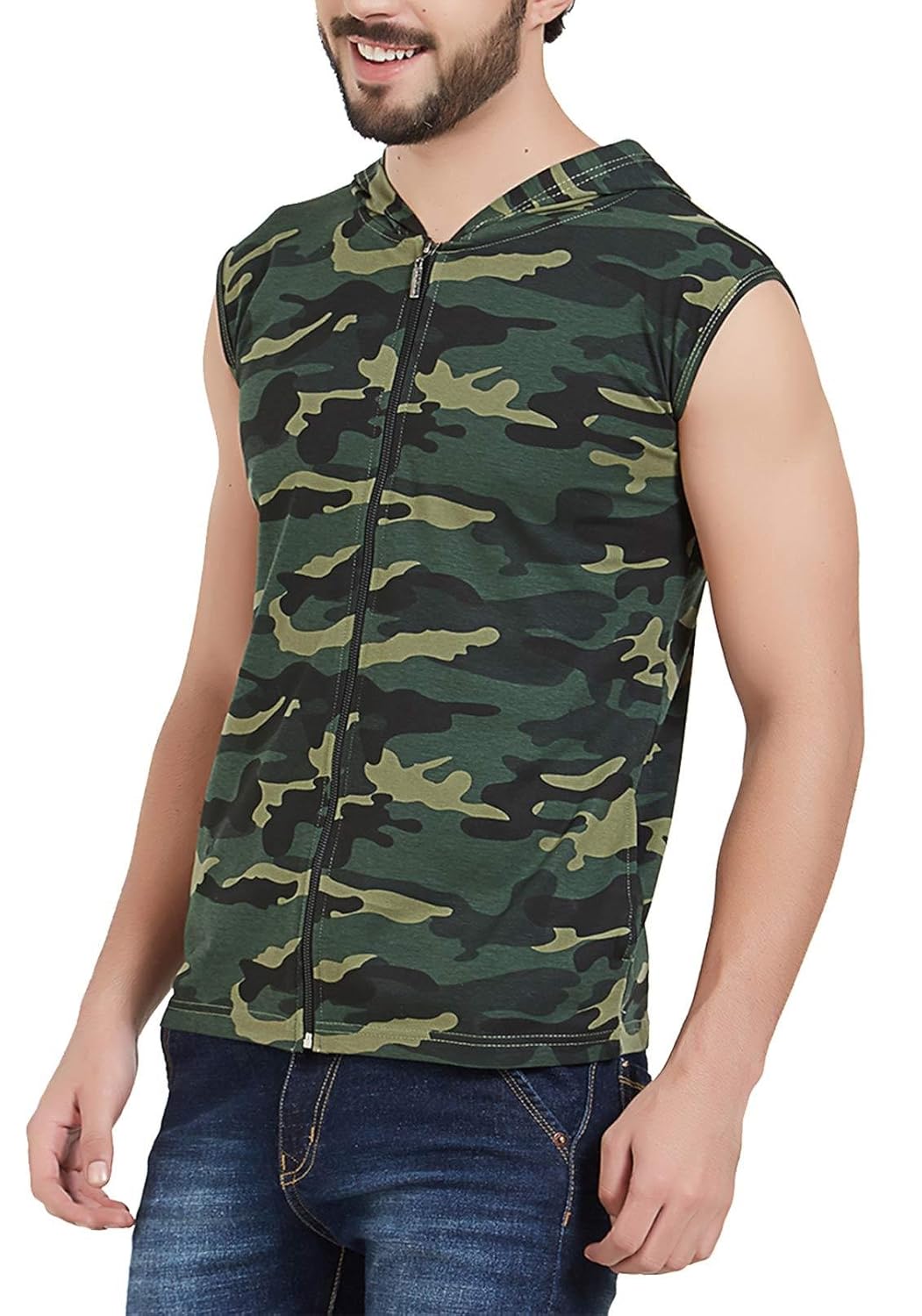 wyo men's camouflage hooded cotton zipper jacket vest sleeveless t-shirt