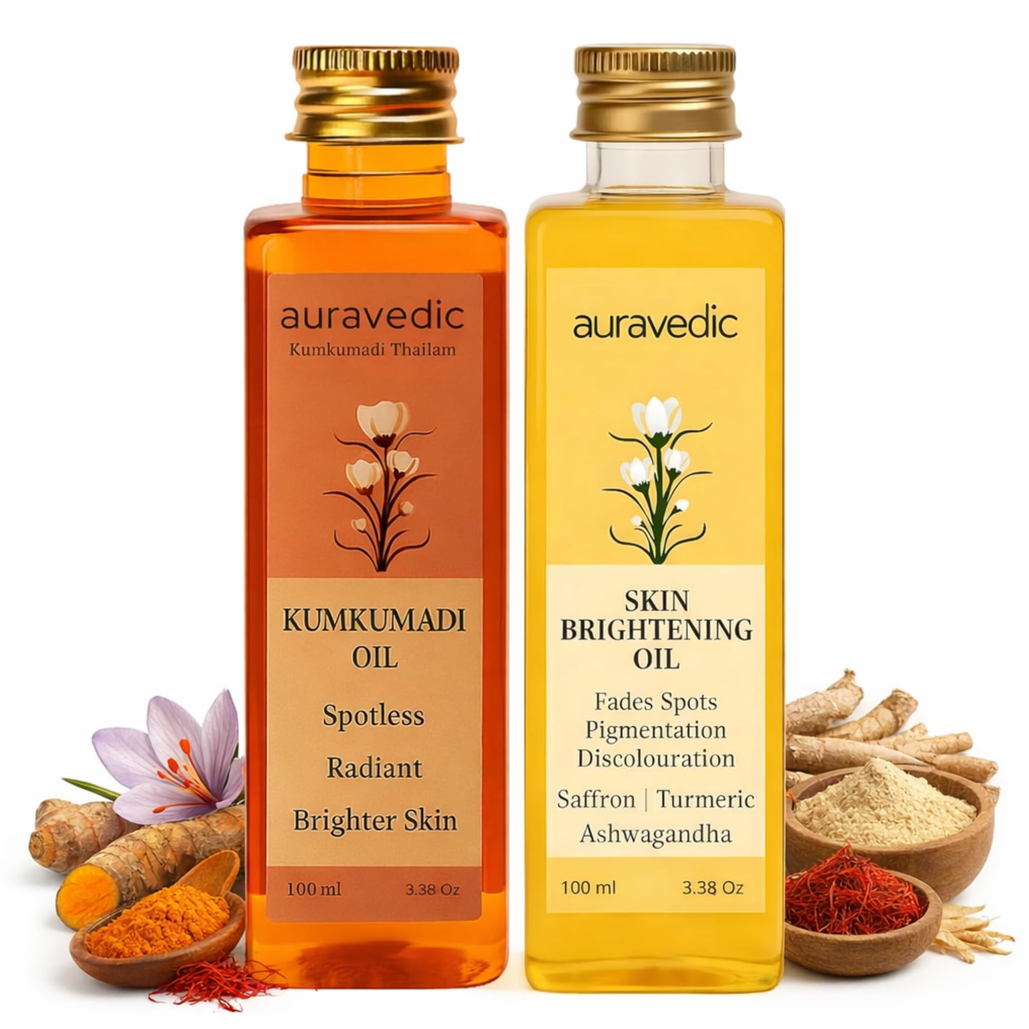 Auravedic Kumkumadi & Turmeric Face Oil Combo | Saffron & Ashwagandha for Radiant Glow, Dull & Uneven Looking Skin | Hydrating & Nourishing Face Massage Oil | Lightweight & Fast Absorbing | 100ml
