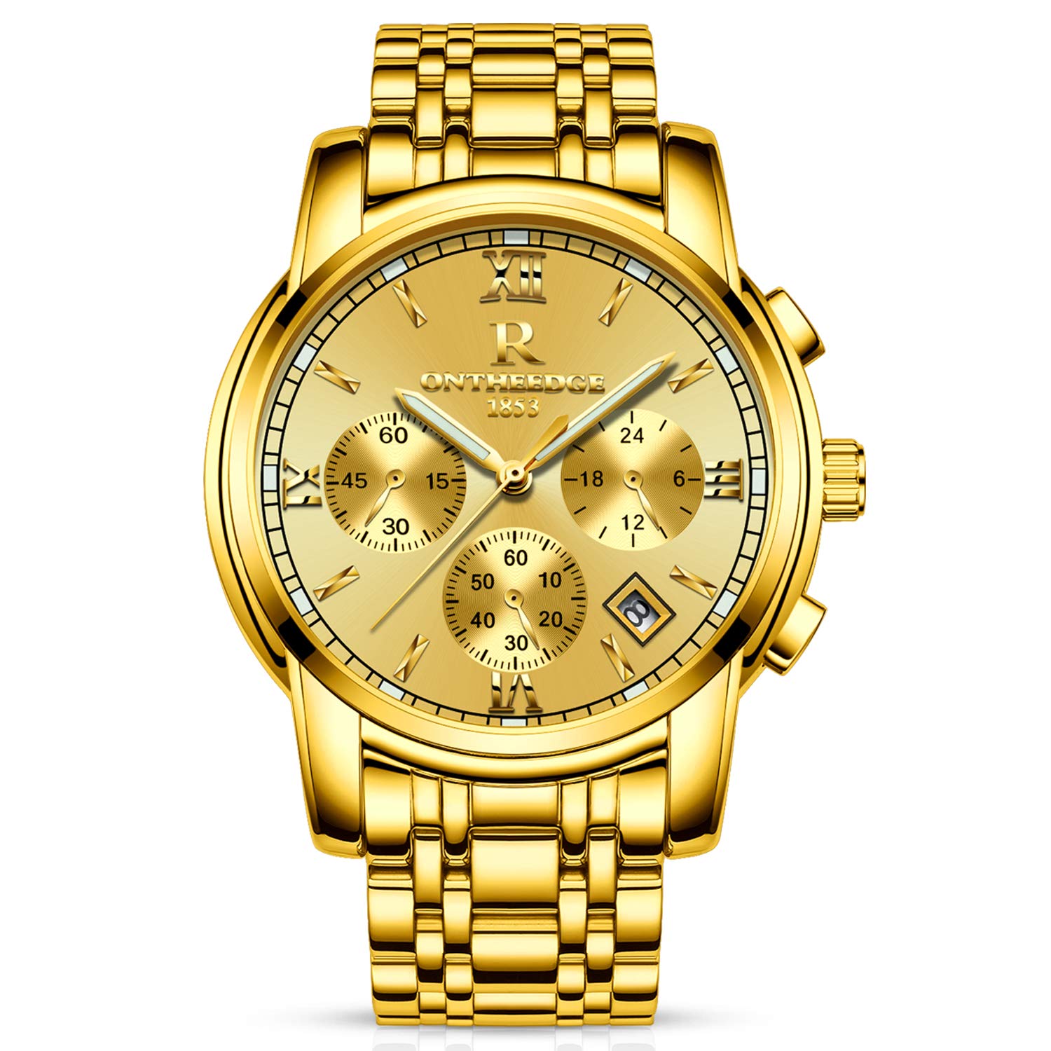 RORIOS Stainless Steel Watches Quartz Business Day Calendar Counts Chronograph Stopwatch Luminous Multifunctions Wrist Watch for Mens