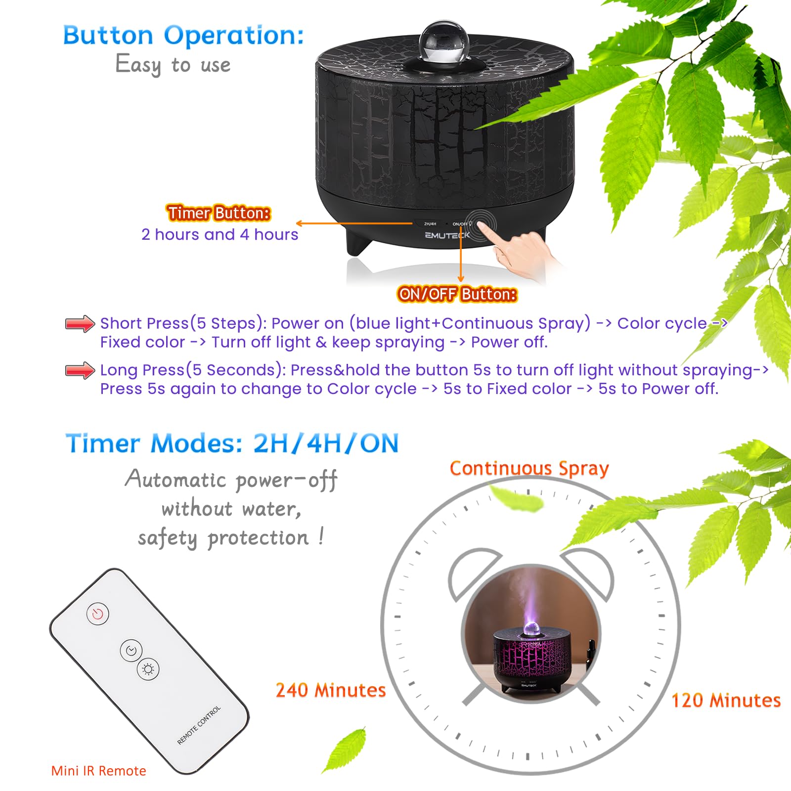 Volcano Diffuser Essential Oil Diffuser, Aroma Cool Mist Air Humidifier with Remote Control, Aromatherapy Machine with Ambient Light, Waterless Auto-Off Timer Setting for Home Office Room