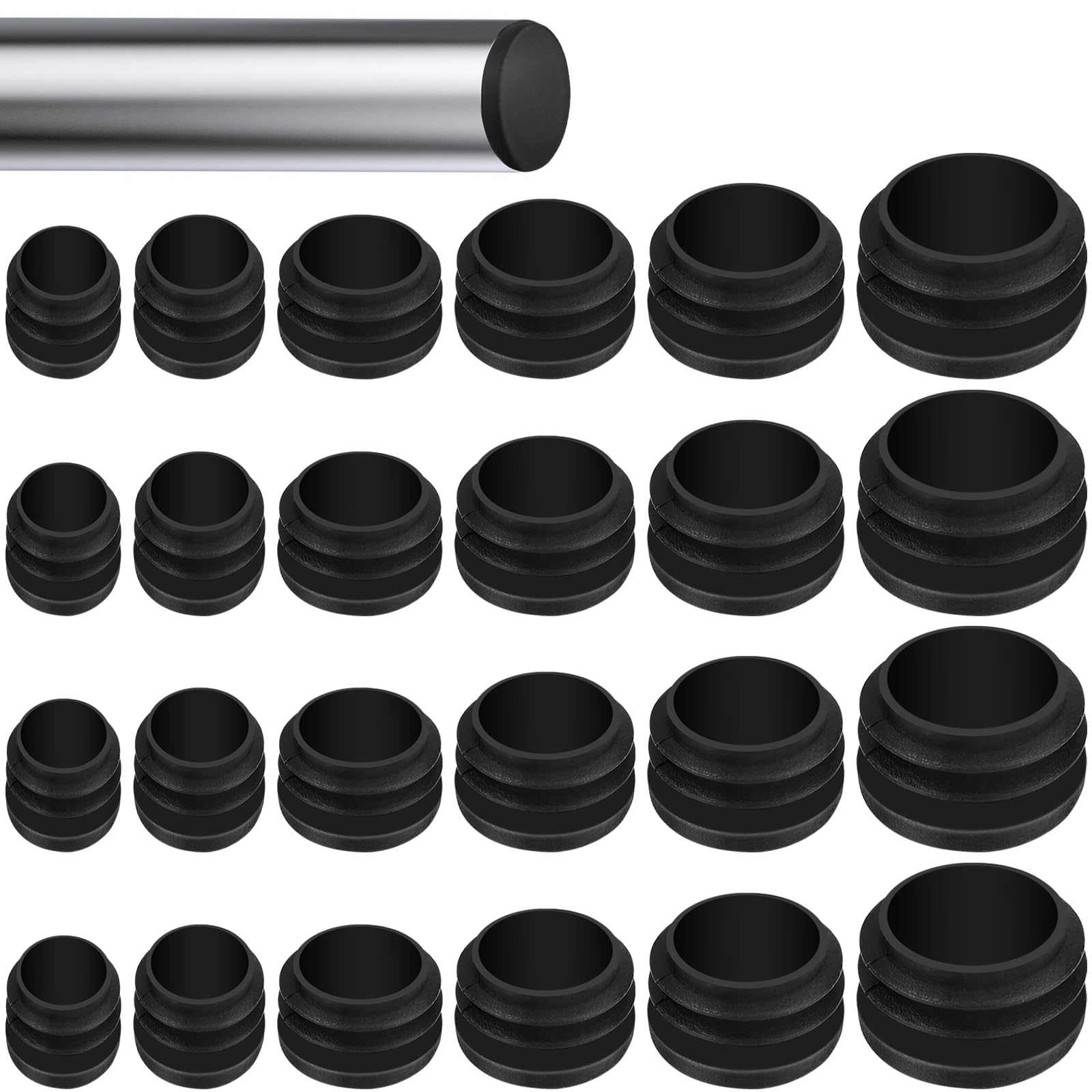 Realure 120 Pcs Round Plastic Plug, 12mm/16mm/20mm/22mm/25mm/30mm Black End Caps, Hard Plastic Plug for Pipe, Round Section End Cap, for Sealing Pipe, Metal Chair Leg Cap