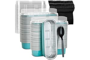 MOACOCK 100 Pack Aluminum Mini Loaf Pans, Aluminum Foil Pans with Lid, 6.8oz Disposable Rectangle Baking Containers Muffin Baking Tins Mini Cake Pans, Pans/Lids/Spoons (Blue)