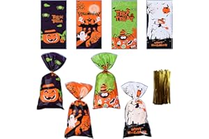 200PCS Halloween Candy Treat Bags, Clear Cellophane Goodies Bags With 200PCS Twist Ties, Trick or Treat Party Gift Supplies B