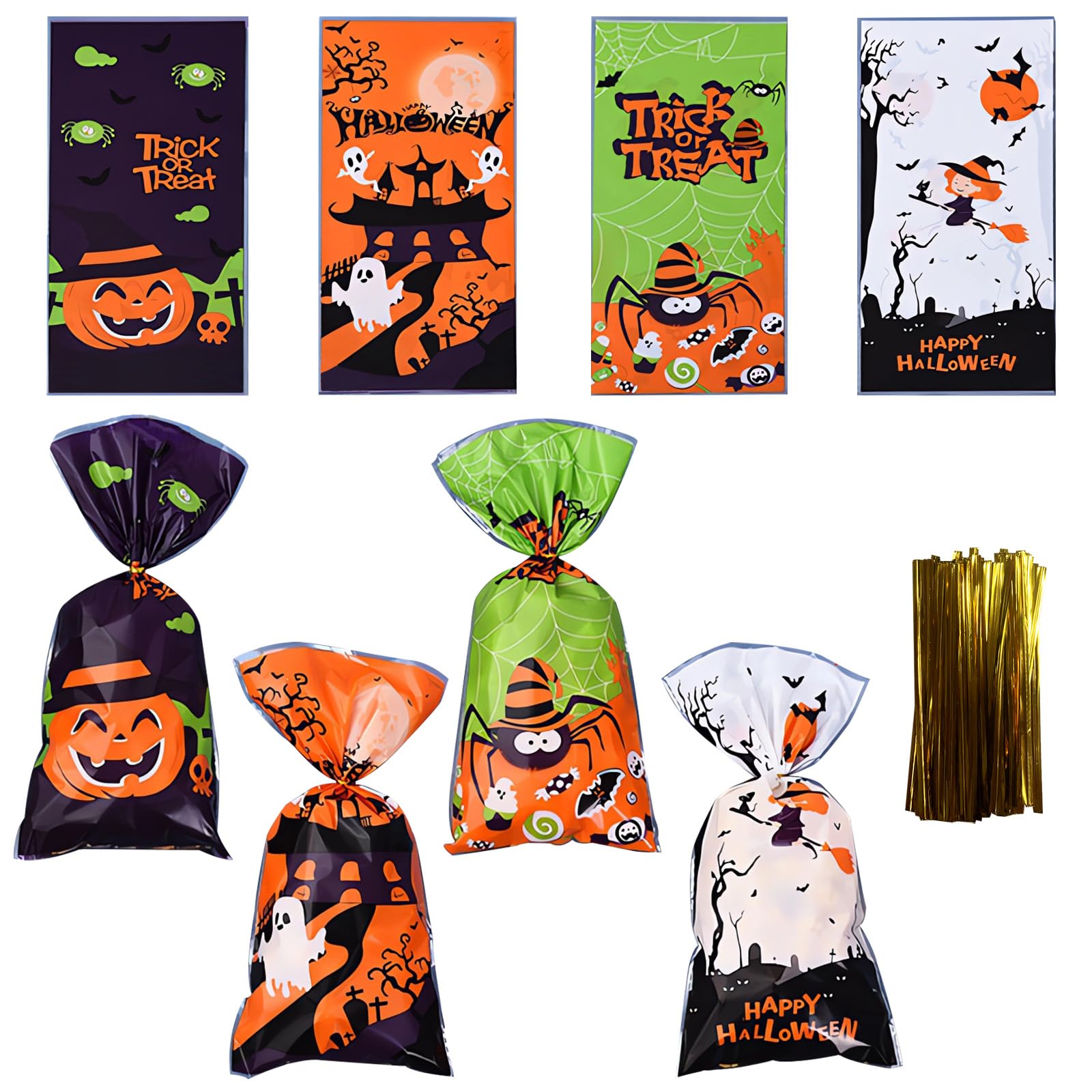 200PCS Halloween Candy Treat Bags, Clear Cellophane Goodies Bags with 200PCS Twist Ties, Trick or Treat Party Gift Supplies Bags for Kids Snacks Cookies Popcorn