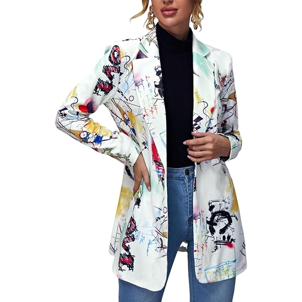 Womens Lapel Neck Long Sleeve Graffiti Work Blazer Coat