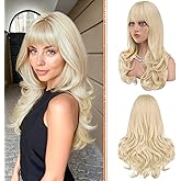Haloo Blonde Wigs with Bangs Long Wavy Layered Haircut Natural Looking Fluffy Synthetic Heat Resistant Hair Wig for Women Daily Party, 24 Inch