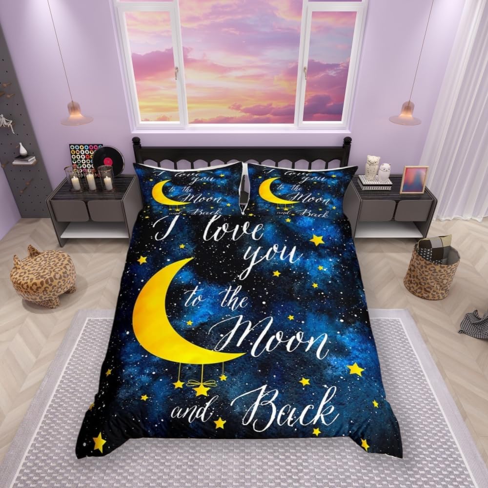 Stars and Moon Comforter Cover Double Size, Watercolor Navy Blue Galaxy Space Nebula Universe Duvet Cover Set with 2 Pillowcases, I Love You in the Moon and Back Microfiber Bedding Set, Ultra Soft