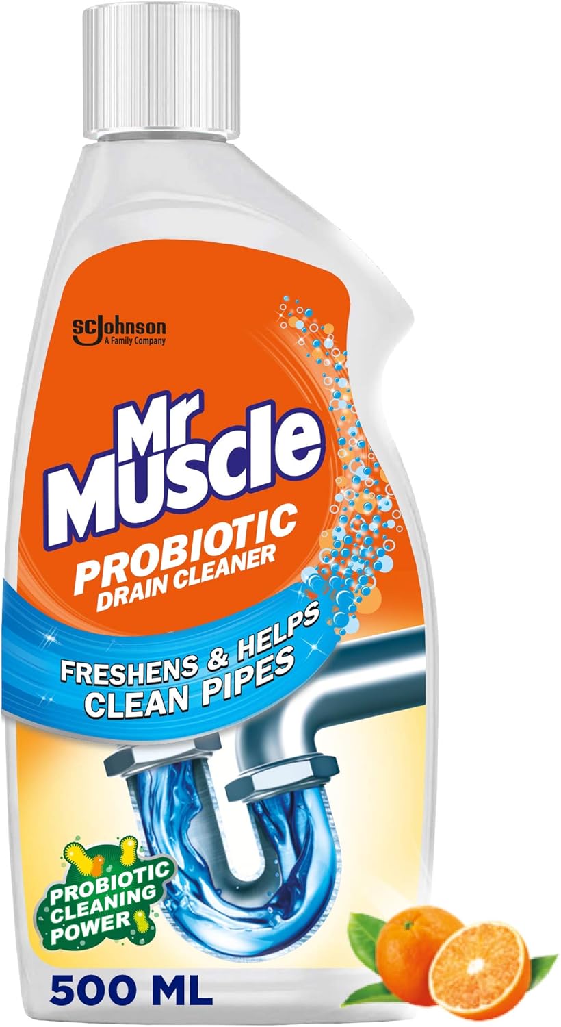 Mr Muscle Drain Unblocker, Drain Cleaner, Sink Unblocker & Odour Eliminator with Probiotic Cleaning Power, Citrus, 6 x 500 ml