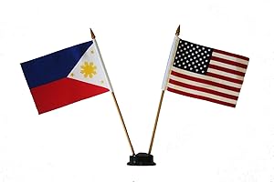 USA & PHILIPPINES Small 4 X 6 Inch Mini Double Country Stick Flag Banner with BLACK STAND on a 10 Inch Plastic Pole New