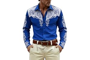 Western Embroidered Print Shirts Men Retro Floral Design Cowboy Blouses Long Sleeve Button Down Country Shirts Daily Tops