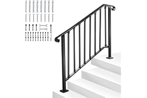 Rengue Handrails for Outdoor Steps, Fit 3 or 4 Steps Outdoor Stair Railing Exterior Steps Wrought Iron Handrail for Concrete Steps or Wooden Stairs Heavy Duty Freestanding Stair Railing Indoor