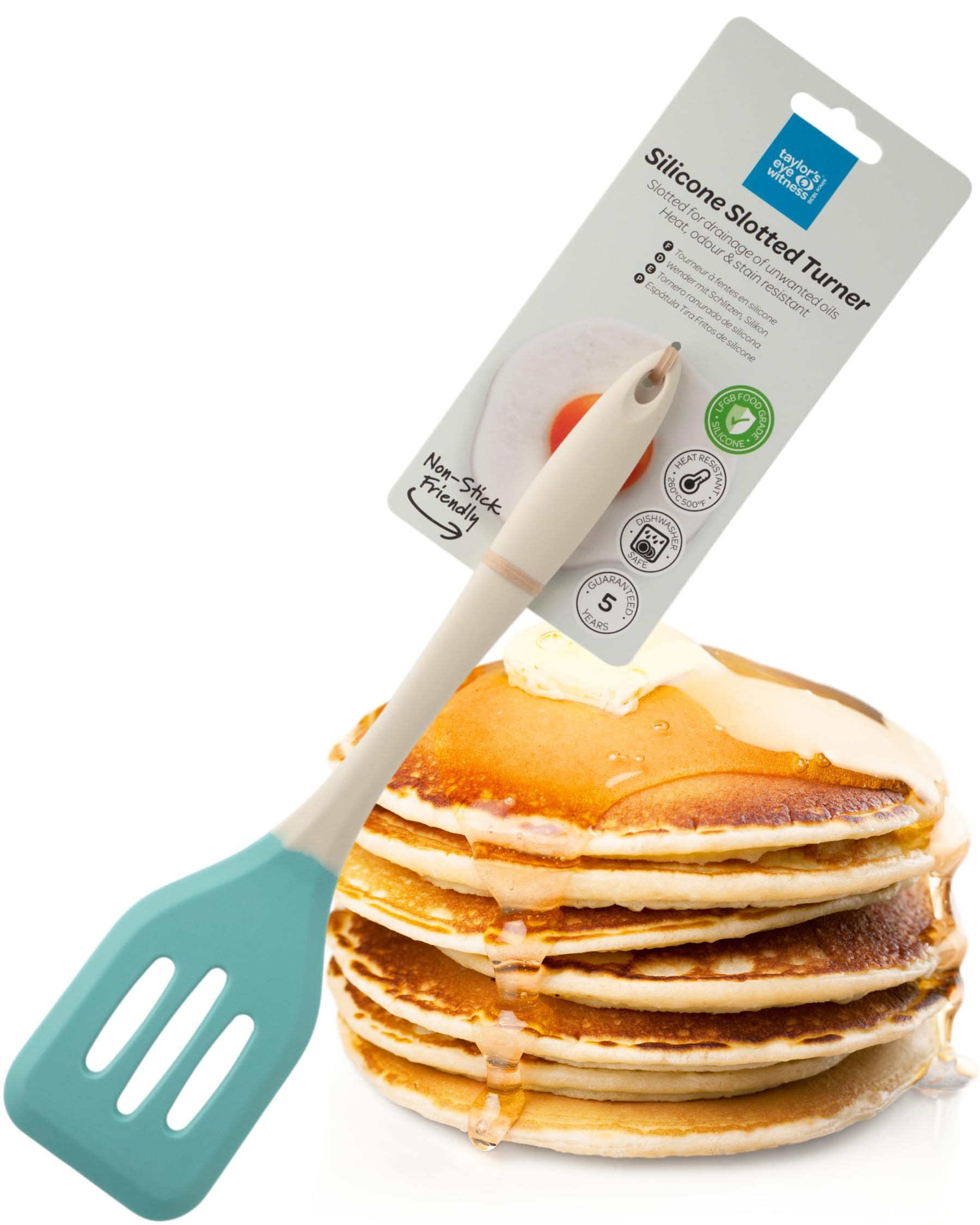 Taylors Eye Witness Large Silicone Buttermilk & Turquoise Slotted Spatula - Dishwasher Safe. For Non-Stick Frying Pans. Slotted For Drainage. Odour, Stain, Heat Resistant(260°C/500°F) 5 Year Guarantee