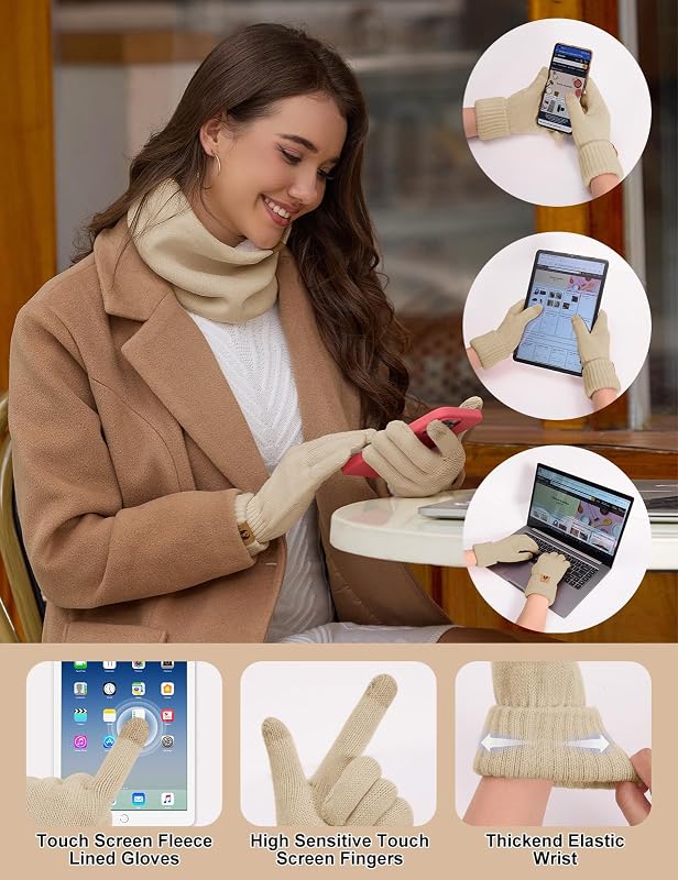 Mütze Schal Handschuhe Damen Winter Set Wintermütze Fleece Gefütterte Beanie Loop Schlauchschal Wärmer Touchscreen Plüsch Ohrenwärmer Verdickte Ohrenschützer Socken-5 Stück Set，Khaki