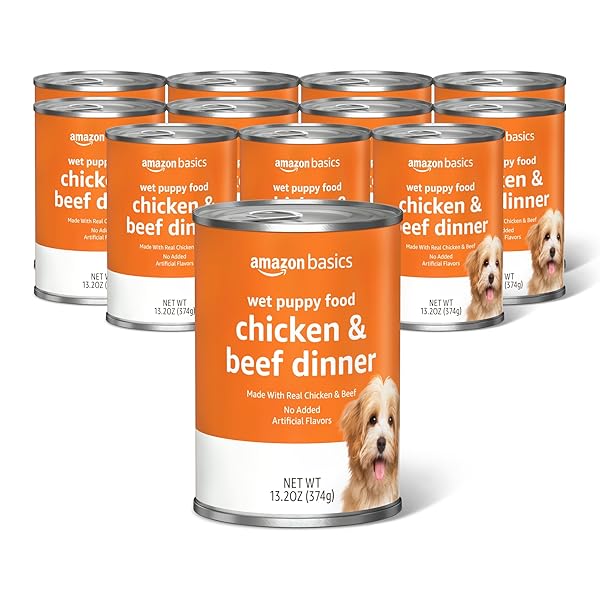 AMAZON BASICS PUPPY CHOPPED GROUND DINNER CANNED DOG FOOD, WITH CHICKEN & BEEF, 13.2OZ (PACK OF 12)