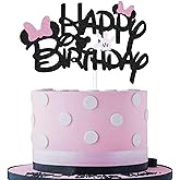 Black Glitter Minnie Inspired Happy Birthday Cake Topper with Pink Bows and White Gloves Girls Birthday Party Decorations Sup