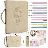 19PCS Floral Khaki Leather Bible Cover for Women Bible Cover Cases for Teen Girls Christmas Gift Christian Bags Journaling Kit with Shoulder Strap Highlighter Pens & Book Marker 10.47 * 7.48 * 2.17in