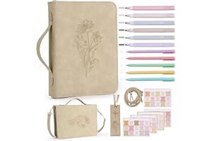 JUSTFORJOYFUL 19PCS Floral Khaki Leather Bible Cover for Women Bible Cover Cases for Teen Girls Christmas Gift Christian Bags Journaling Kit with Shoulder Strap Highlighter Pens & Book Marker 10.47 * 7.48 * 2.17in
