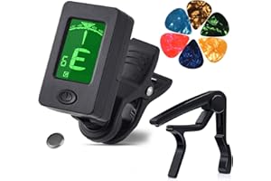 MOREYES Guitar Capo Tuner Clip on Guitar, Violin, Bass, Ukulele Chromatic with Picks (Tuner and Black Capo)