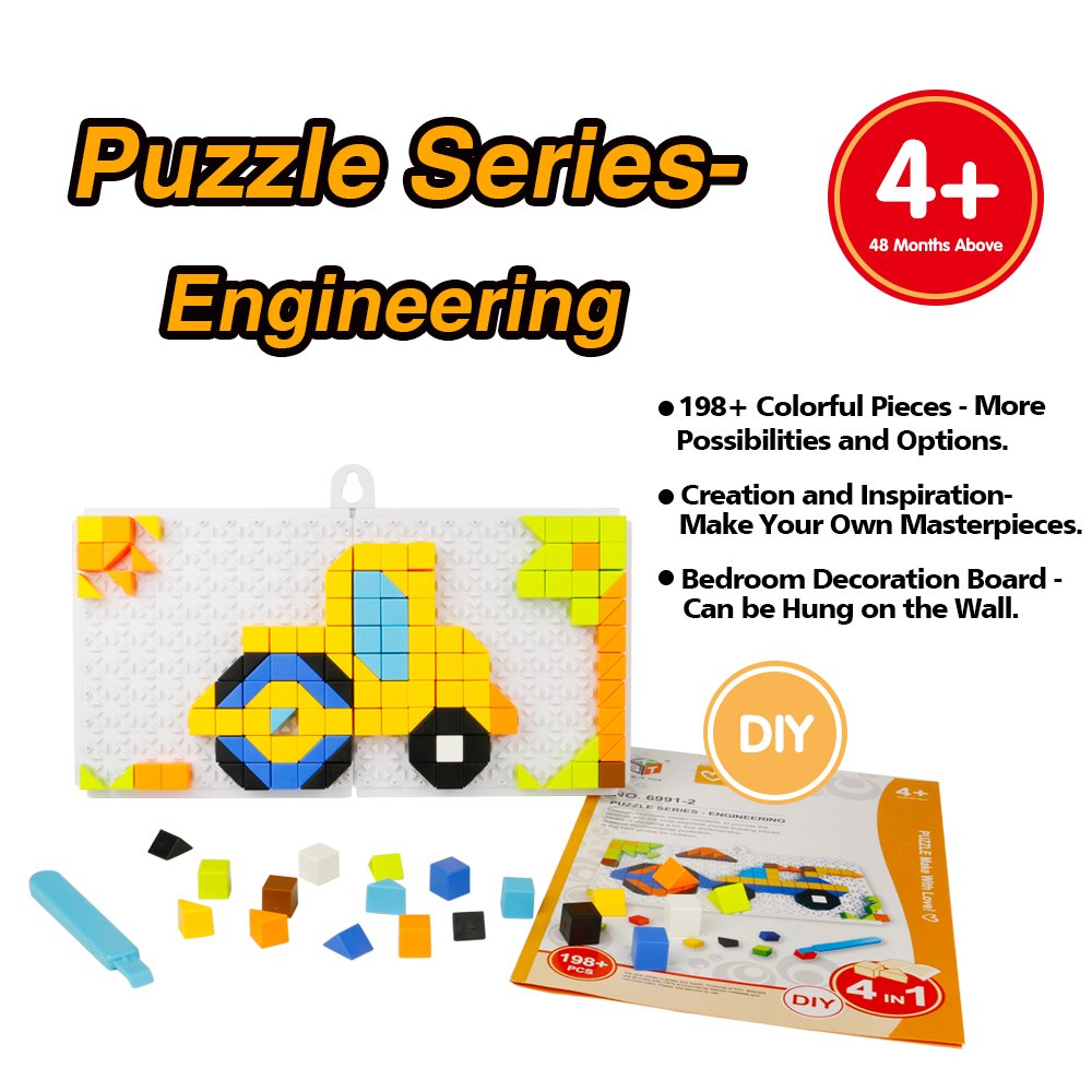 Mosaic Puzzle Funny Bricks Jigsaw Puzzles Building Blocks Set Preschool Creative Educational Toys Game for Kids Toddlers-198 Pieces