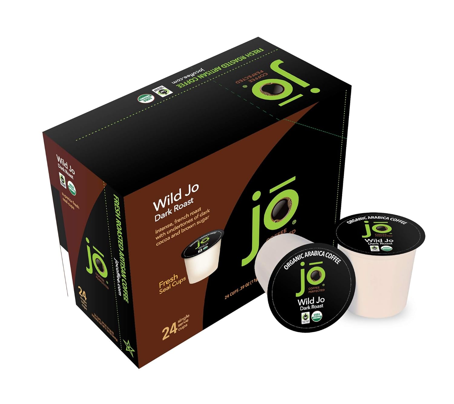 WILD JO: 96 Cup Fresh Seal Organic Coffee Pods, Eco-Friendly Recyclable Single Serve Capsule for use in Keurig K-Cup Compatible Brewers, Bold Rich Strong Dark French Roast, USDA Fair Trade Organic