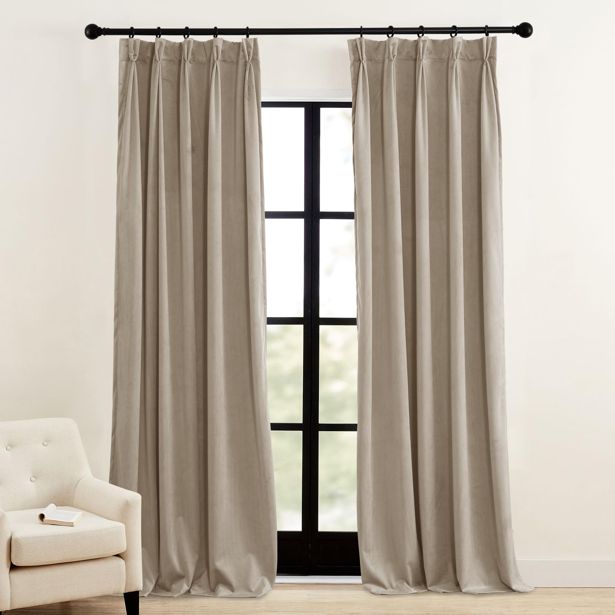 Photo 1 of RYB HOME Velvet Curtains 96 inches 2 Panels Set, Pinch Pleated Room Darkening Thermal Insulated Luxury Decor for Bedroom Parlor Nursery, Camel Beige, W38 x L96 inches