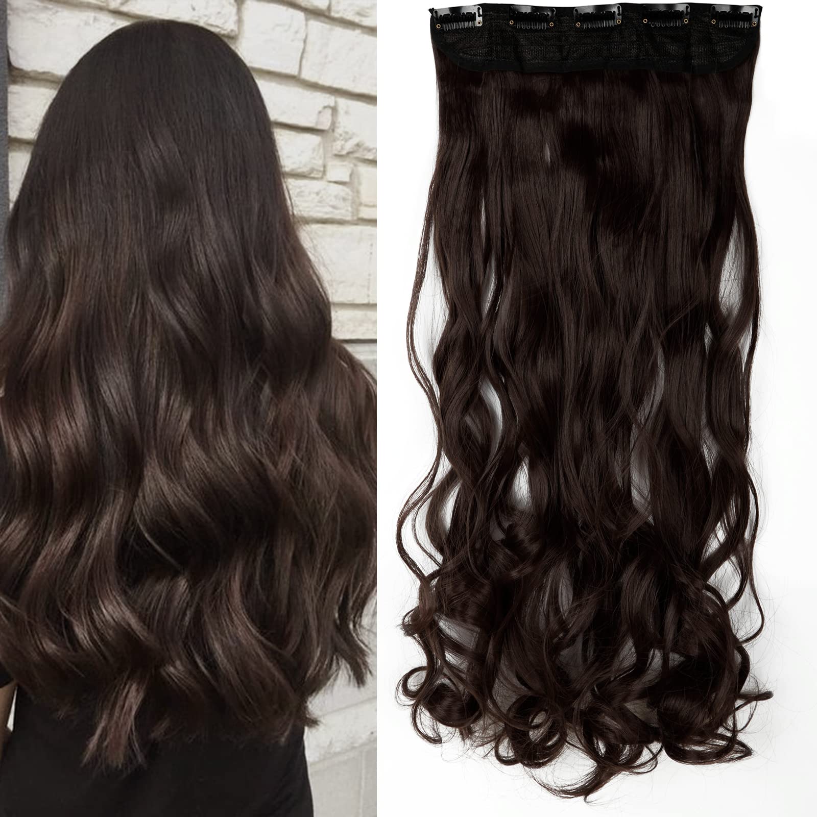S-noilite Fashion One Piece Clip in Hair Extensions Half Full Head 5 Clips Curly Wavy Hairpiece 24 Inches(60cm)- Medium Brown