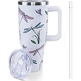 Lumumanber 40 oz Dragonfly Tumbler with Handle and Straw, Travel Mug Water Bottle, Stainless Steel Insulated Cup with Lid and Straw, Birthday Christmas Gifts
