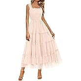 BTFBM Women's 2025 Summer Midi Dress Casual Sleeveless Square Neck Smocked Ruffle Tulle Party Wedding Guest Dresses