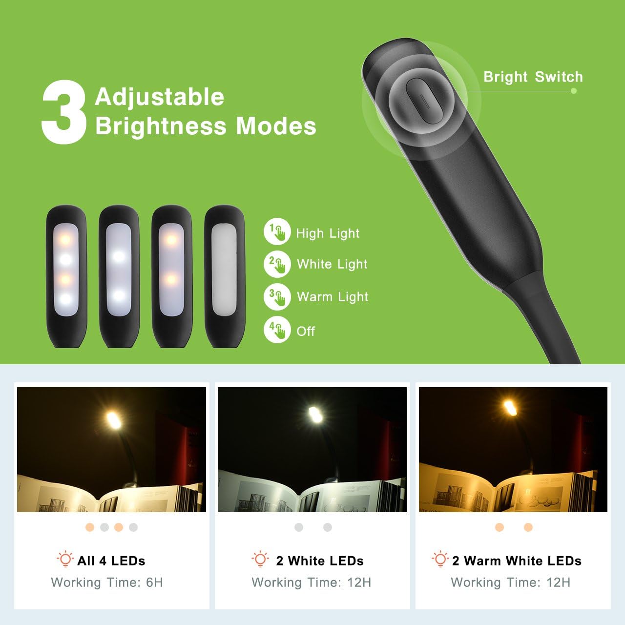 Rechargeable Book Light, TOPELEK LED Reading Light with 3-level Brightness (Cool & Warm), Flexible Easy Clip On Reading Lamp, Eye Protection, Soft Table Light for Night Reading in Bed - - 