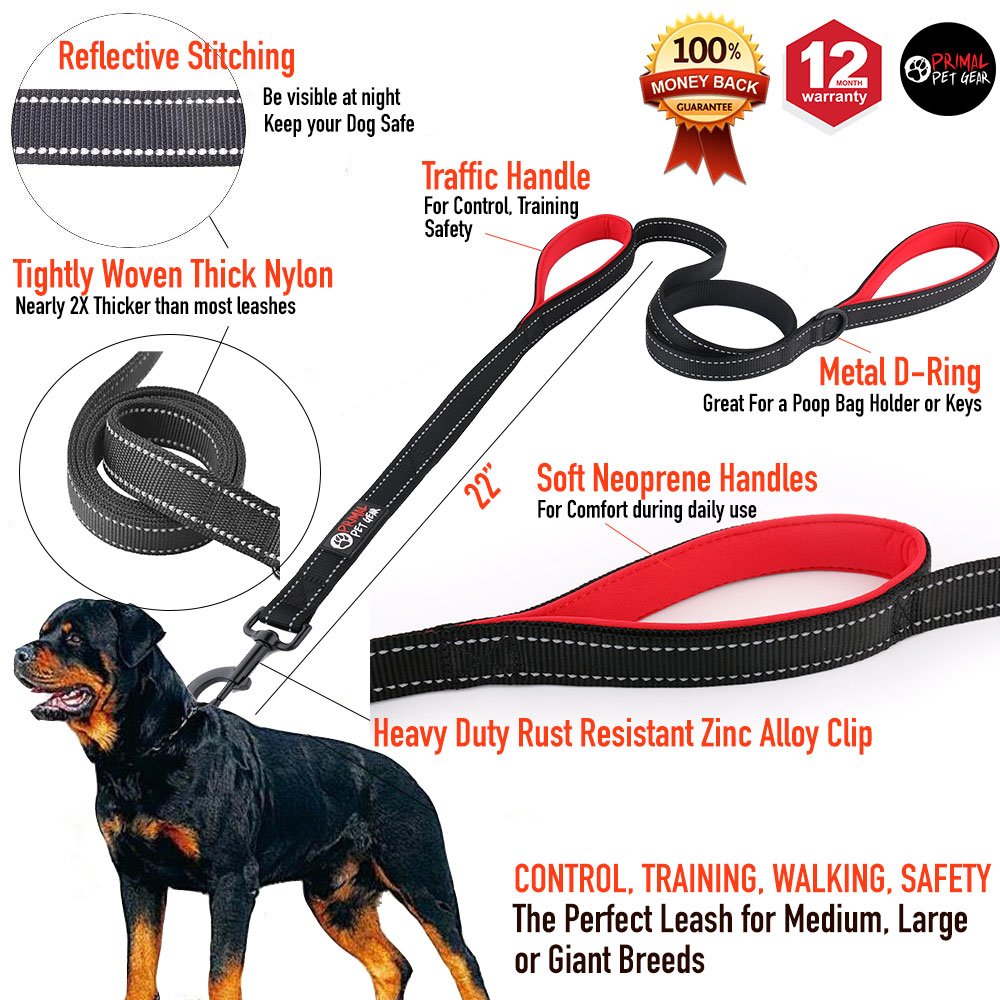 Dog Leash 2 Handles BLACK Extra Long 8ft Lead Heavy Duty Double