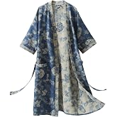 TLYZTLY Women's Cotton Gauze Robe Kimono with Pockets Plus Size | 100% Double-layer Gauze. Lightweight Breathable with Floral Jacquard &amp; Pockets. For After-Shower Wear &amp; Cozy Lounging at Home