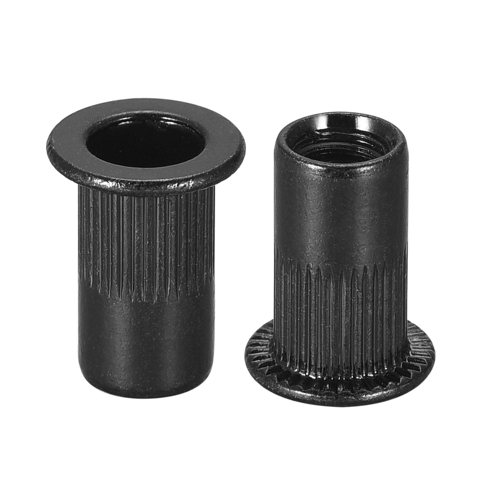 sourcing map M5 Rivet Nuts Carbon Steel Zinc-Plated Knurled Flat Head Threaded Insert Nut Black 100Pcs