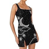 CBDAO Gothic Punk Women's Black Sequin Suspender Mini Dresses Sleeveless Moon Galaxy Print Bodycon Short Party Gown