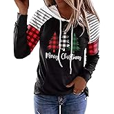 LLHXRUI Merry Christmas Buffalo Plaid Tree Striped Splicing Hoodie Shirt Blouse for Women Christmas Color Block T Shirt Top