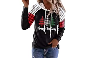 LLHXRUI Merry Christmas Buffalo Plaid Tree Striped Splicing Hoodie Shirt Blouse for Women Christmas Color Block T Shirt Top