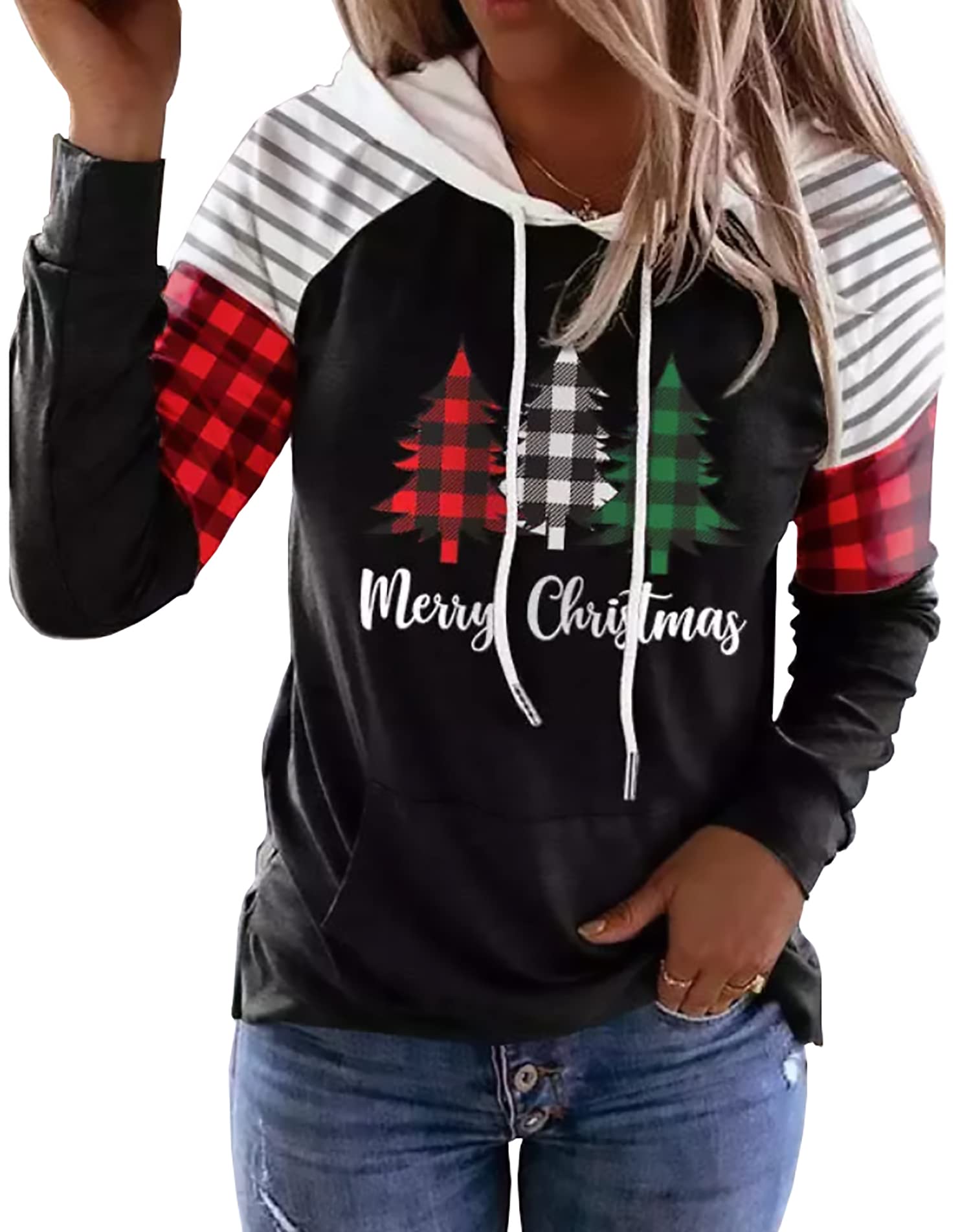 Women's Merry Christmas Hoodie - Buffalo Plaid Tree Striped Color Block Pullover Top
