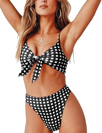Blooming Jelly Damen Gingham Hohe Taille Bikinis Set Push Up Gepolsterte Krawatte Geknotete Badeanzug Schmeichelhaft Schwimme