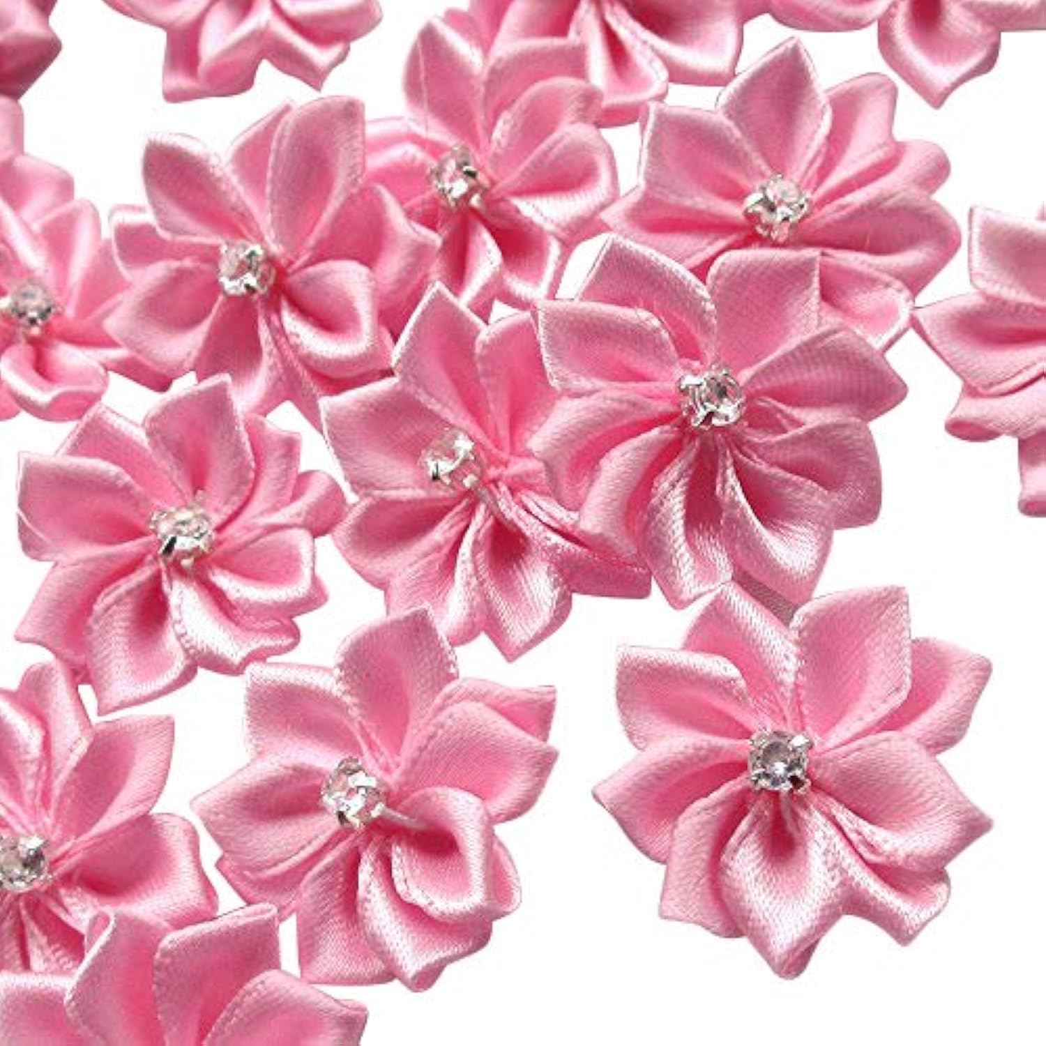 Chenkou Craft 40pcs 28mm(1 1/8") Satin Ribbon Flowers Bows Rhinestone Appliques (Pink) — image 1