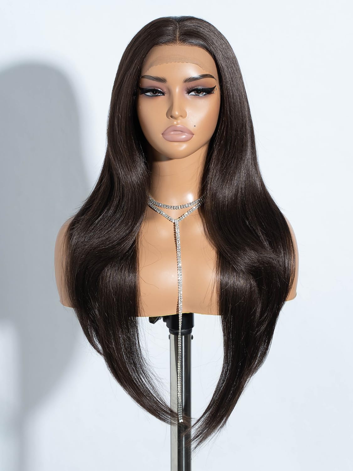 Joedir 13x4 Lace Frontal Wigs for Black Women 28 Inches Long Straight Free Parting Silk Base Lace Front Wigs with Baby Hair High Temperature Layered Synthetic Wigs for Women Dark Brown