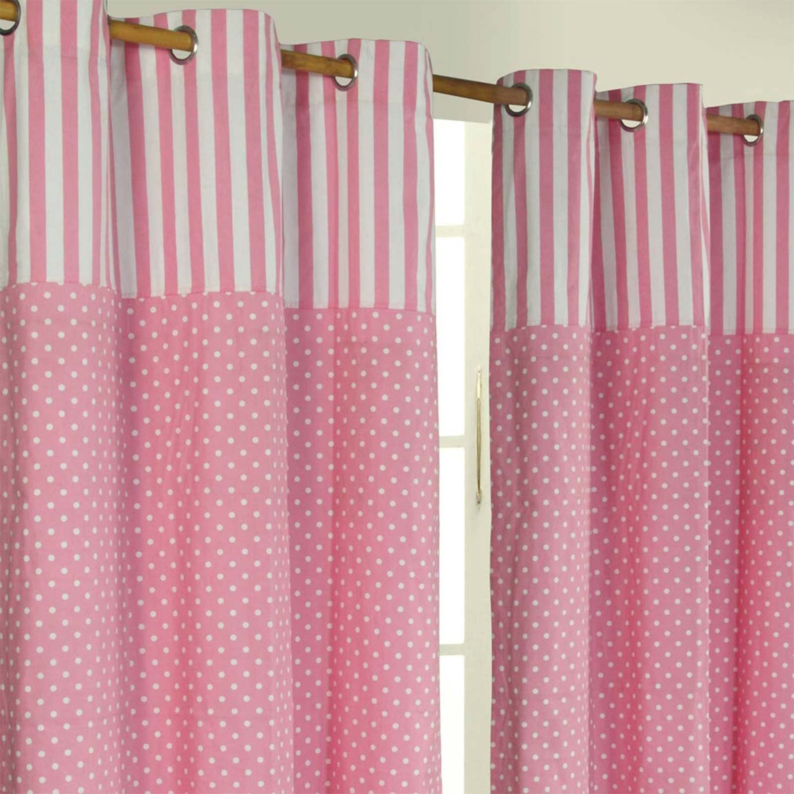 HOMESCAPES 100% Cotton Unlined Eyelet Curtain Pair - Polka Dots - Pink - 137cm (54") Wide x 228cm (90") Drop