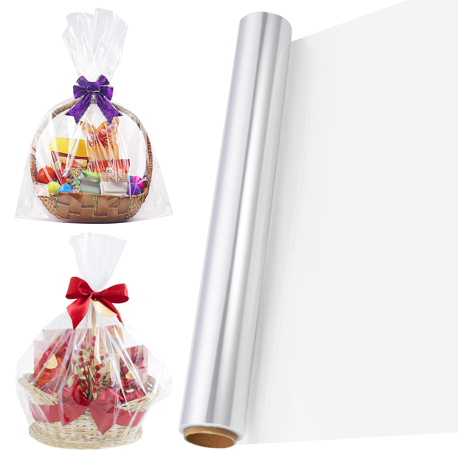 STOBOK Cellophane Wrap for Hampers, 40cmx30m Clear Cellophane Wrap Paper 2.5Mil Thick Clear Wrapping Paper for Bouquets, Hampers, Gift Baskets, DIY Packaging for Birthday, Halloween & Christmas