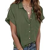 Zeagoo Women's Linen Blouse Short Sleeve Button Down Shirts 100% Cotton Collared Summer Short Sleeve Blouses Tops Army Green