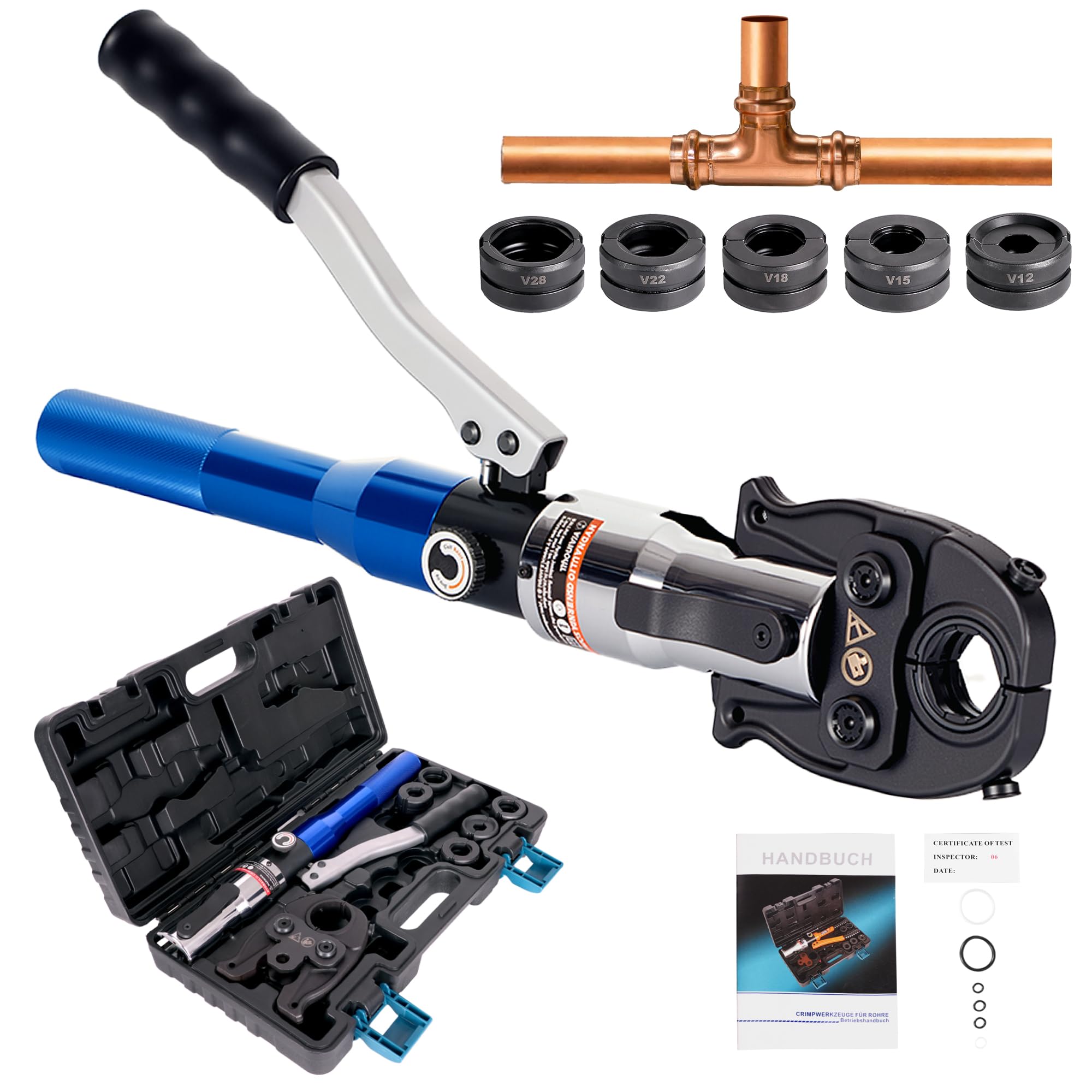 AMZCNC Professional Crimping Pliers (Hydraulic) Press Tool V-Contour (SC Contour) 12-15-18-22-28 Set Press Tool HPZ with 180° Rotating Head, for Copper Pipe, Carbon Steel Pipe, Stainless Steel Pipe