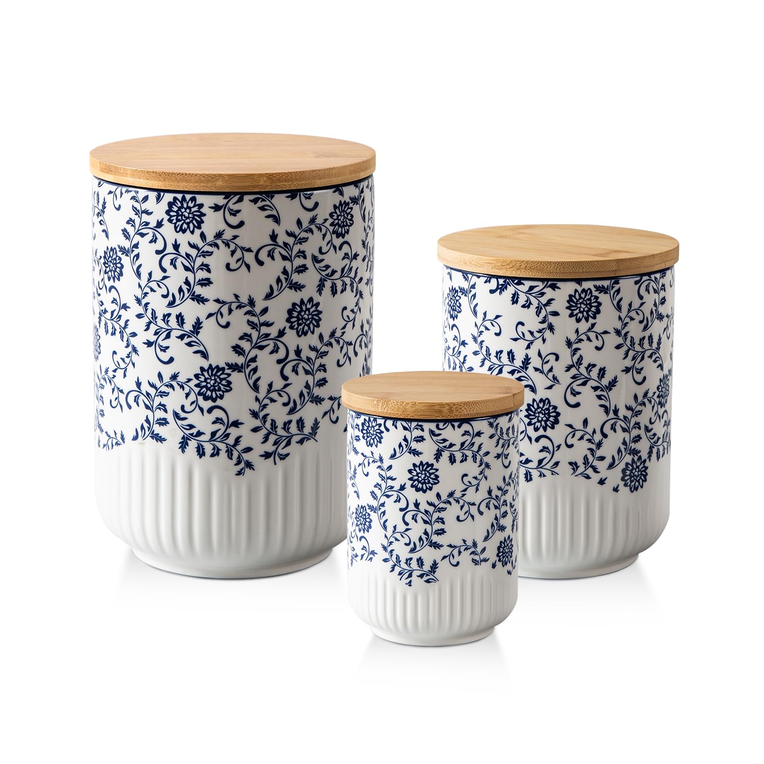 Photo 1 of Cerkik Canisters Sets for Kitchen - Ceramic Kitchen Containers for Countertop with Airtight Wood Lids - Flour and Sugar Containers for Coffee Tea Spice Beans Cookie Jars - Blue Set of 3