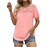 OFEEFAN Women's Summer Tops 2026 Trendy Short Sleeve Shirts Smocked Crewneck Tee