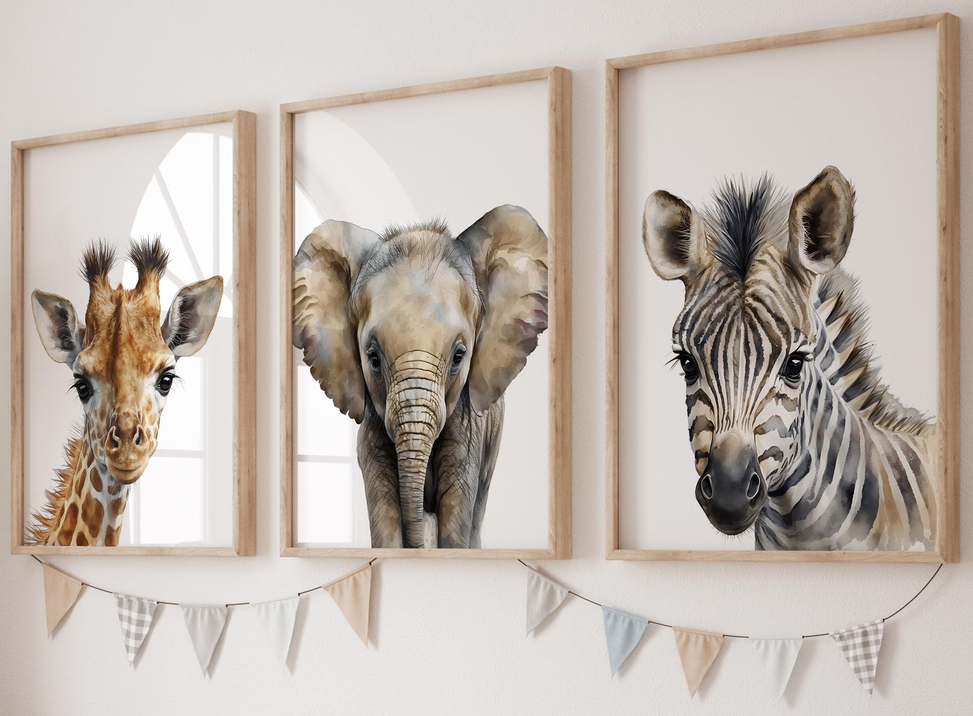 Safari Animals Set of 3 Unframed Poster Prints, Baby Girl Boy Children Nursery Bedroom Playroom Wall Art Decor, Giraffe Elephant Zebra, Watercolour Style (A3)