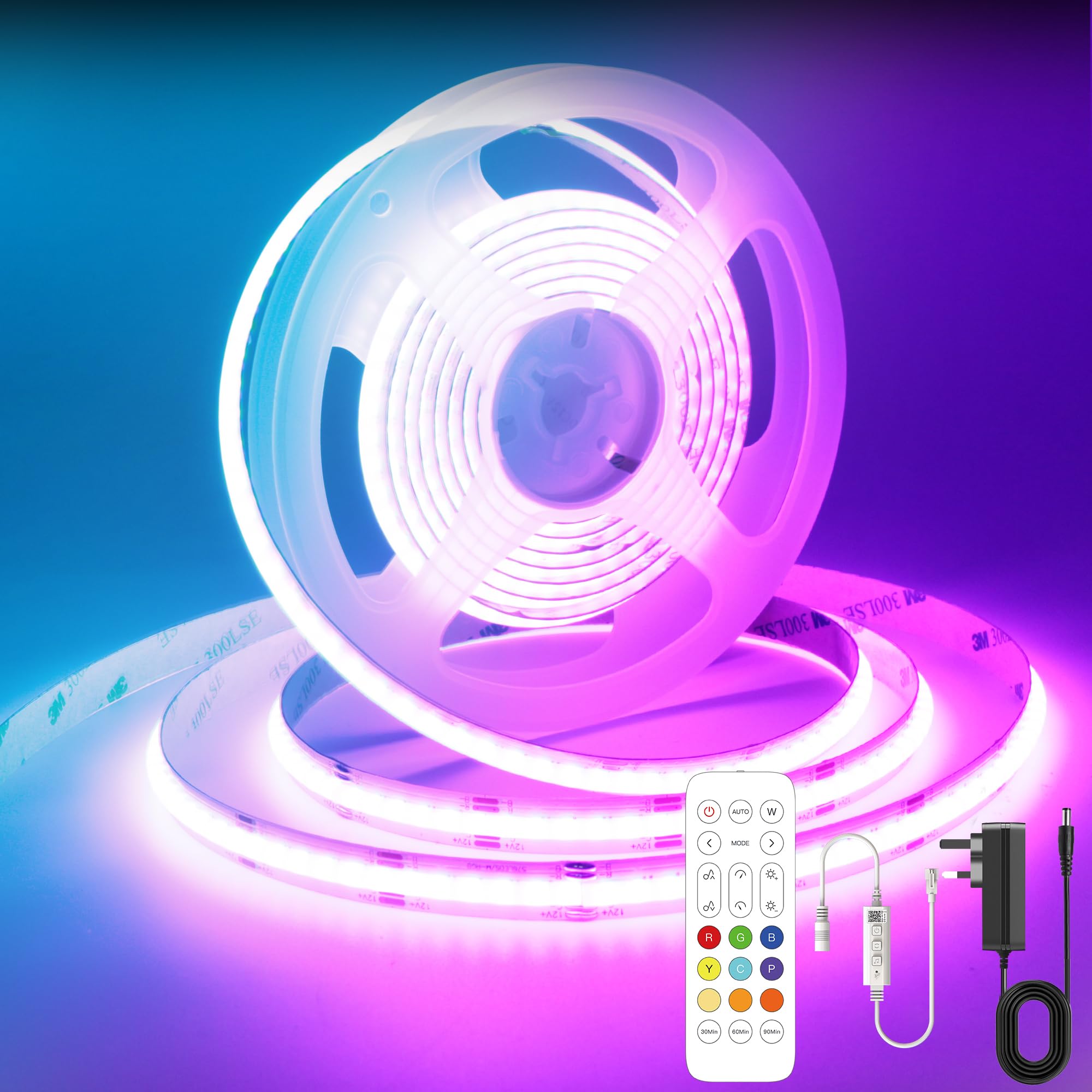 AXMOTUT Bluetooth RGB COB Led Strip Lights,3m Dimmable 12V Led Light Strip with Smart App and Remote Control, Color Changing Music Sync, for TV, Bedroom, Home Decor, Party