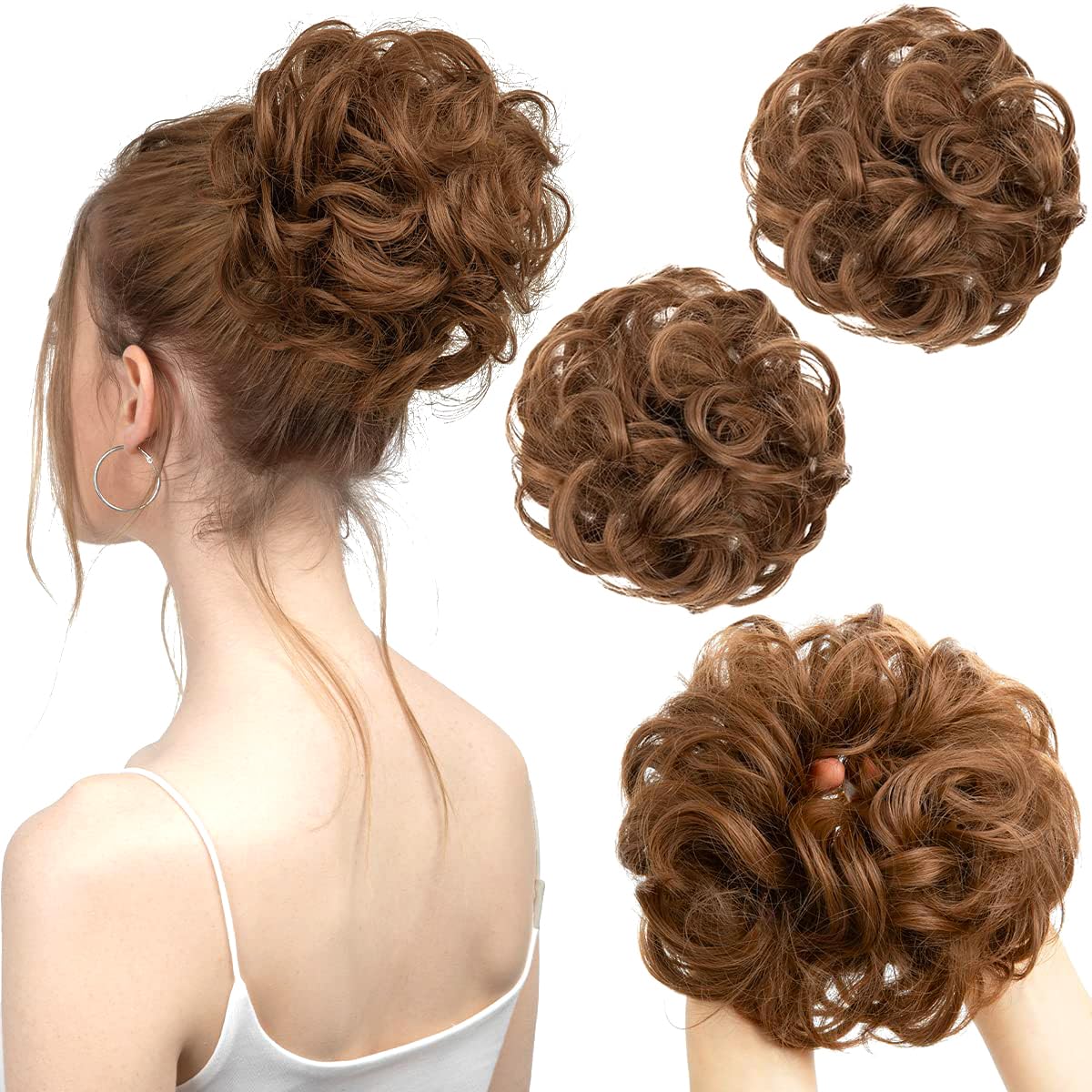 2PCS LIght Auburn Updo Messy Hair Buns Extensions Curly Wavy Hair Elastic Easy Scrunchies for Women Girls Large Synthetic Donut Updo Hair Pieces Hair Chignons — image 1