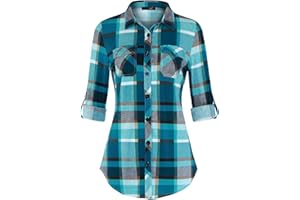DJT Womens Soft Stretchy Knit Plaid Shirts Roll Up Long Sleeve Collared Button Down Blouses Tops