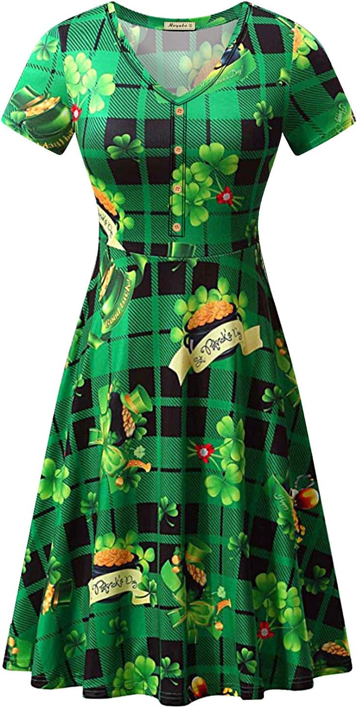 Moyabo Women's V Neck Short Sleeve Button Casual Flared Swing Midi Dress